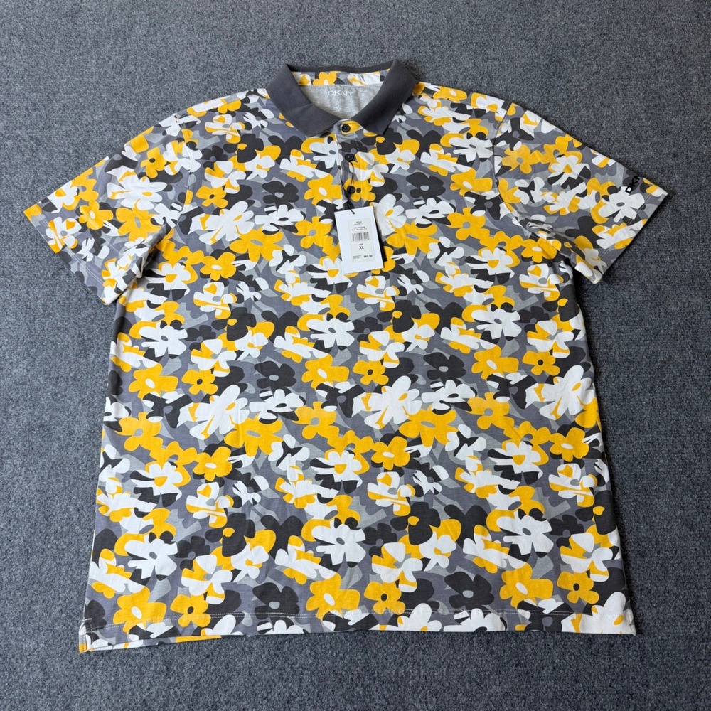 DKNY Mens XL Floral Polo Shirt Yellow Grey White Short Sleeve NWT DH23PF717